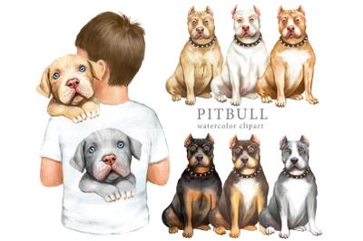 Pitbull watercolor clipart. Dog clipart, digital print, dog print