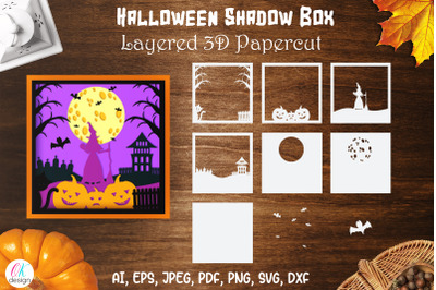 Halloween shadow box svg, 3d Layered Papercut Cutting File. Halloween