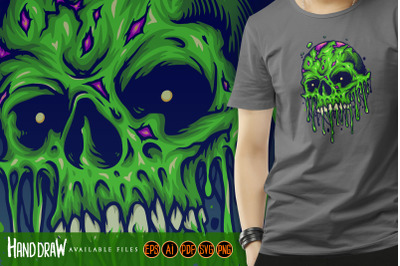 Green Zombie Skull Isolated Melt Horror