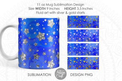 Mug sublimation designs with fluid art, gold and silver stars, cute mu