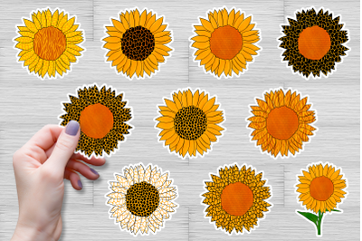 Sunflower stickers set, watercolor flowers clipart PNG, JPG. Ready to