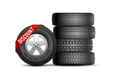 Tires discount. Isolated realistic rubber car wheels. Auto service and