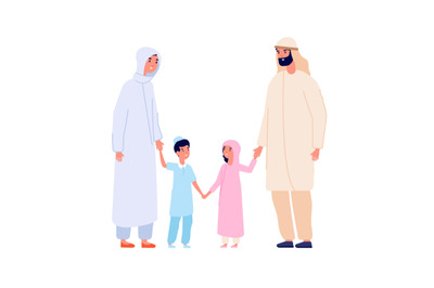 Muslim arabic family. Arab kids, islam mother father children. Cartoon