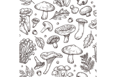 Autumn forest pattern. Sketch mushrooms&2C; forest food berries leaves ba