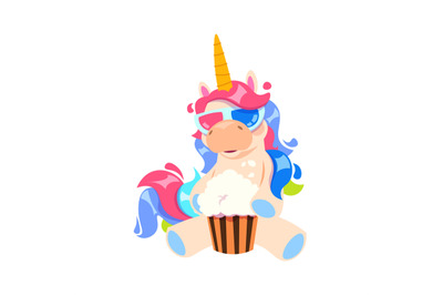 Magic cartoon unicorn. Isolated cute little pony eating popcorn in cin