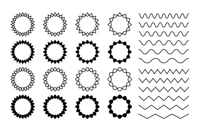 Wave zigzag dividers. Undulating zig zag round frames. Isolated horizo