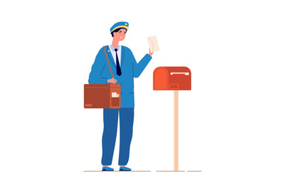 Postman deliver mail. Mailed service, mailman with bag delivering lett