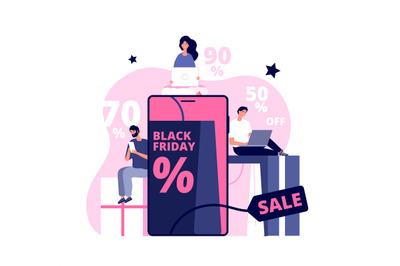 Black friday online. Shopping man girl, people buying on super discoun