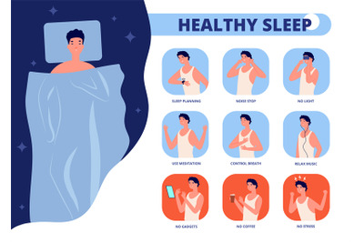 Healthy sleep. Tips for well sleeping, infographic of good night relax