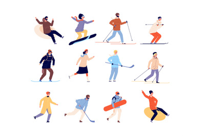 Winter sports characters. Active skate, skier and snowboard people. Is