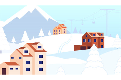 Winter holidays resort. Snow forest cottage, christmas scene with ski