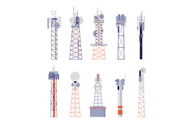 Wireless towers. Satellite communication, isolated radio aerial or cel