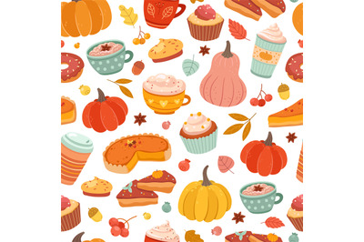 Autumn pumpkin pattern. Pumpkins spice, cinnamon hot drink and pastry