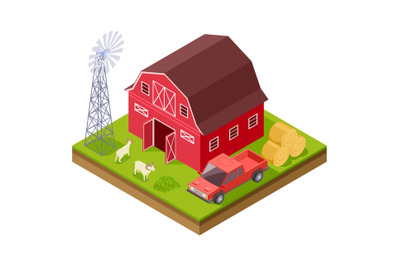 Farm buildings. Isometric truck livestock windmill. Red rural house, 3