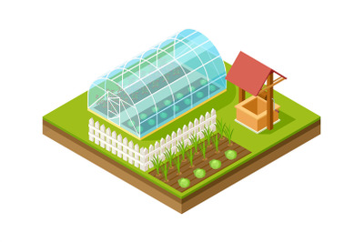 Isometric greenhouse. Gardening and planting, rural lifestyle. Landsca