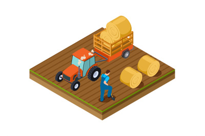 Tractor lorry. Agricultural work, man digs ground. Isometric plantatio