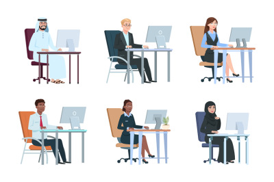 Business people working at computer. Isolated work agency persons, man