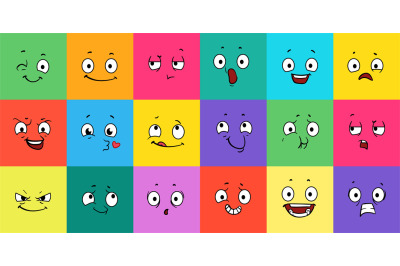 Cartoon expression faces. Comic emoji emotions, funny face. Winking, s