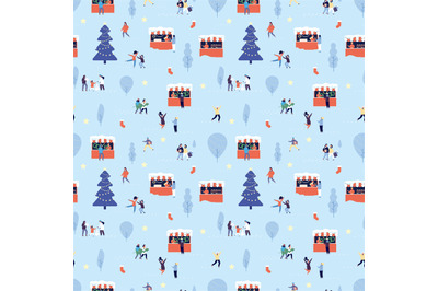 Christmas fair pattern. Happy people shopping, winter outdoor walking.