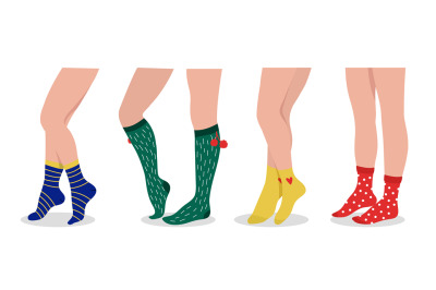 Female legs wear socks. Colorful sport and daily accessories. Fashion