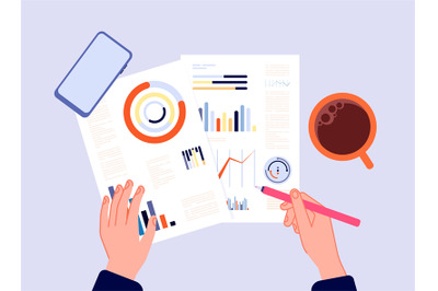 Financial report. Hands writing charts, banking diagrams or research r