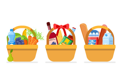 Food baskets. Christmas gift foods, package with different eating. Iso