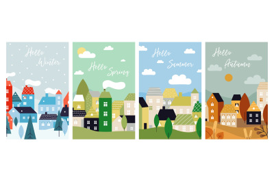 Four season cards. Autumn winter spring summer flyers with city landsc