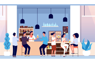 Friends in beer bar. Flat people with glasses, waiter and happy man wo