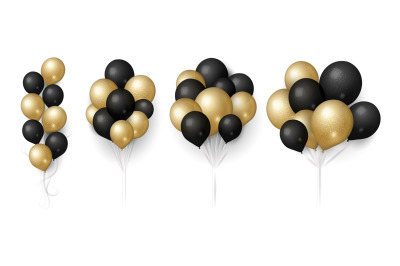 Gold black balloons. glittered balloon bunch, isolated flying festive