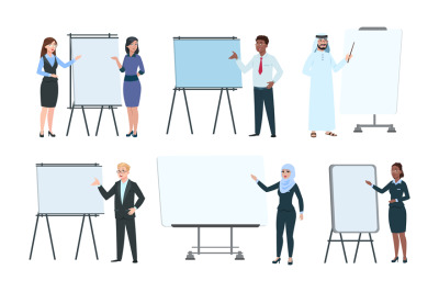 People and presentation boards. Executives coaching, trainers or speak