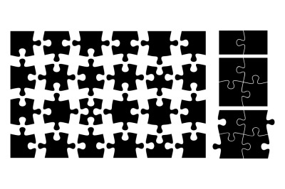 Puzzle pieces. Isolated black jigsaw element. Flat shape of docked ite