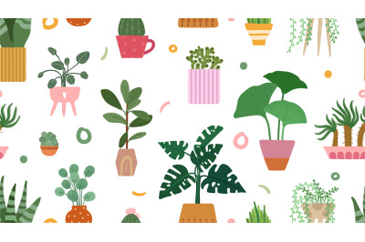 Succulent pattern. Home plants on pots background. Doodle cacti palm i