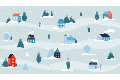 Winter snowy landscape. Christmas house minimal background, country or