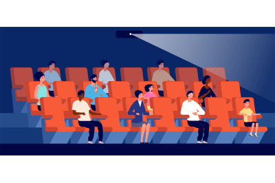 People in cinema. Movie theater, multicultural audience watch film. Li