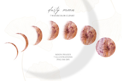 Watercolor moon phases clipart / sublimation - 7 png files