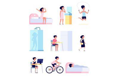 Girl daily routine. Cute child morning, isolated kid every day activit