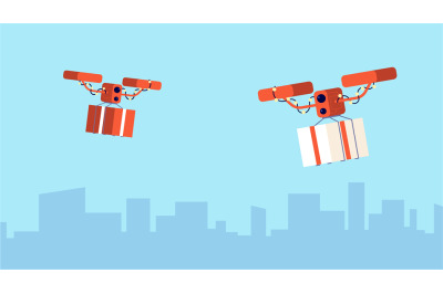 Presents drone delivery. Christmas gift, flying parcels. Digital logis