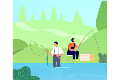 Fishing on river. Fisherman catches fishes&2C; man with rod in lake. Frie