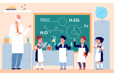 Kids chemistry lab. School science laboratory, children in class chalk