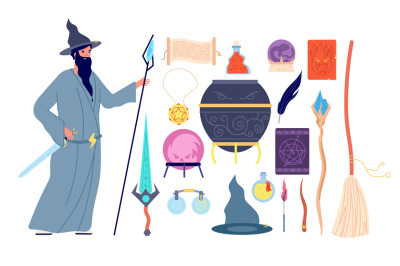 Magic tools. Magical alchemy book, wizard character, crystal witch bro