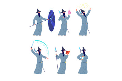 Magic wizard character. Cartoon magicians, mystery male with beard. Me