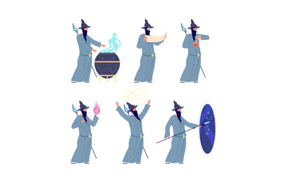 Old wizard. Mystery magician, cartoon warlock doing mysterious tricks.