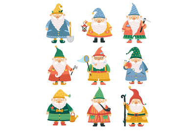 Gnome characters. Cartoon garden dwarf, cute beard men. Season spring