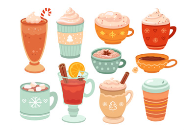 Winter holiday drinks. Mulled wine, hot cocoa whipped cream coffee. Is