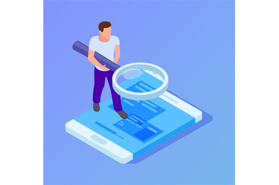 App tester. Isometric man testing mobile app. Man with magnifying glas