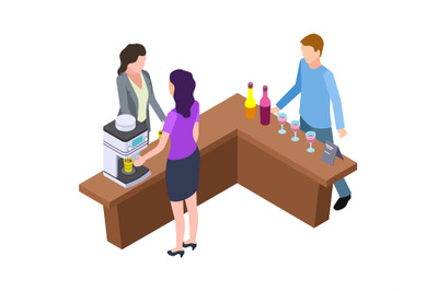 Coffee break. Woman and hot drinks machine. Isometric wine tasting bar