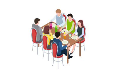 Friends meeting. Family festive dinner, isometric people eating togeth