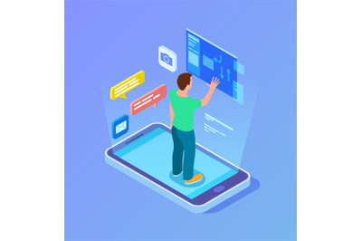 Modern business technologies. Remote connecting, isometric man work wi