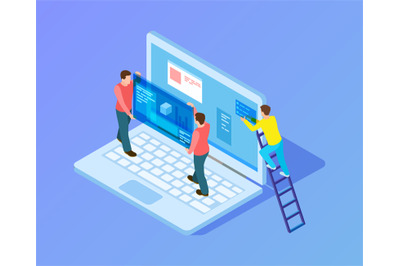 Web interface upgrade. Web developers, programmers at work. Isometric