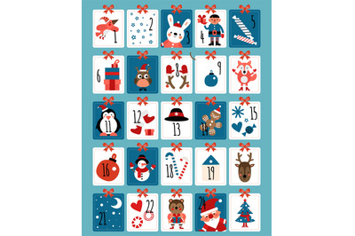 Advent calendar. Winter christmas numbers, cute surprising cards. Xmas